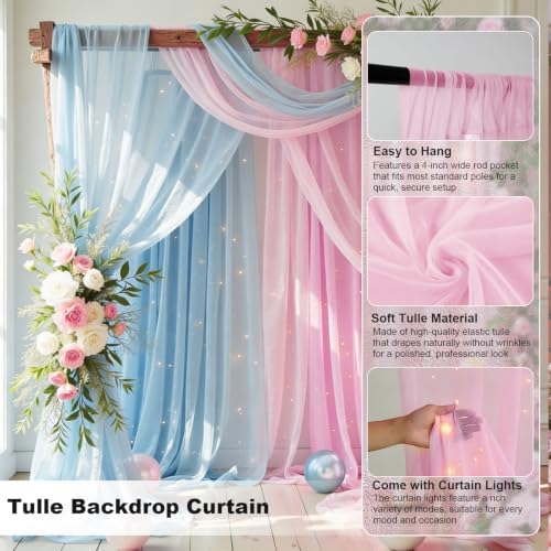 Tulle Backdrop Curtain with String Lights, 10x8ft Sheer Blue and Pink Backdrop Curtain for Photography, Gender, alternate
