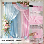 Tulle Backdrop Curtain with String Lights, 10x8ft Sheer Blue and Pink Backdrop Curtain for Photography, Gender, alternate
