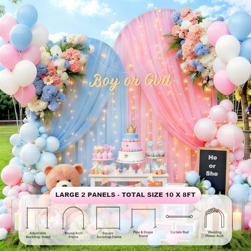Tulle Backdrop Curtain with String Lights, 10x8ft Sheer Blue and Pink Backdrop Curtain for Photography, Gender, alternate