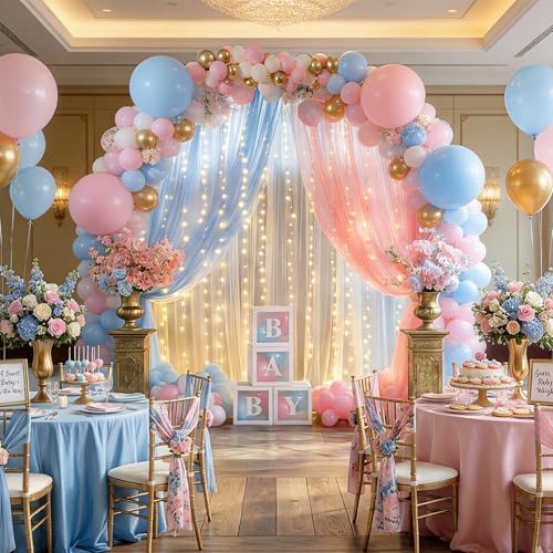 Tulle Backdrop Curtain with String Lights, 10x8ft Sheer Blue and Pink Backdrop Curtain for Photography, Gender, alternate