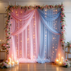 Tulle Backdrop Curtain with String Lights, 10x8ft Sheer Blue and Pink Backdrop Curtain for Photography, Gender, alternate