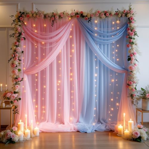 Tulle Backdrop Curtain with String Lights, 10x8ft Sheer Blue and Pink Backdrop Curtain for Photography, Gender, alternate