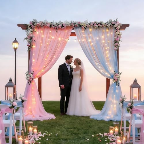 Tulle Backdrop Curtain with String Lights, 10x8ft Sheer Blue and Pink Backdrop Curtain for Photography, Gender, alternate