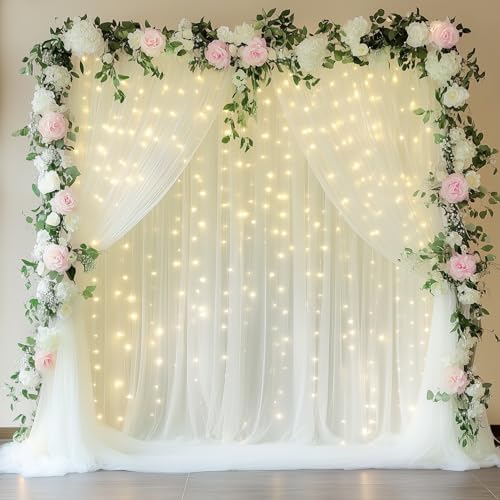 Tulle Backdrop Curtains with Lights 10x10ft Sheer Ivory Curtain in 10x10ft