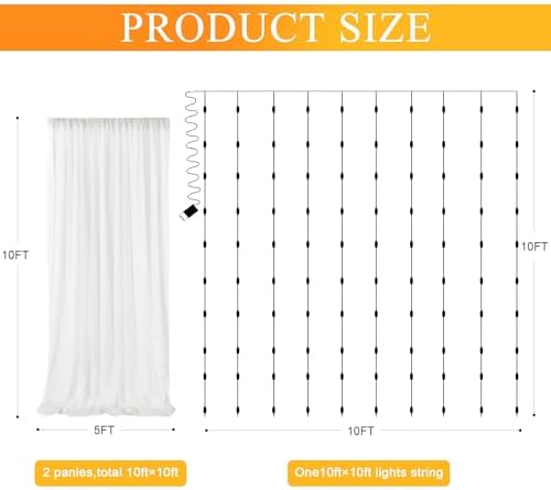Tulle Backdrop Curtains with Lights 10x10ft Sheer Ivory Curtain in 10x10ft, alternate view 2