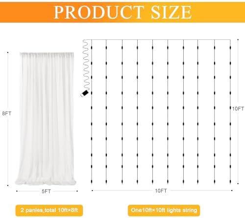 Tulle Backdrop Curtains with Lights 10x8ft Sheer Ivory Curtain in 10x8ft, alternate view 2