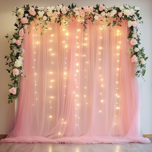 Tulle Backdrop Curtains with Lights 10x8ft Sheer Peach Curtain in 10x8ft