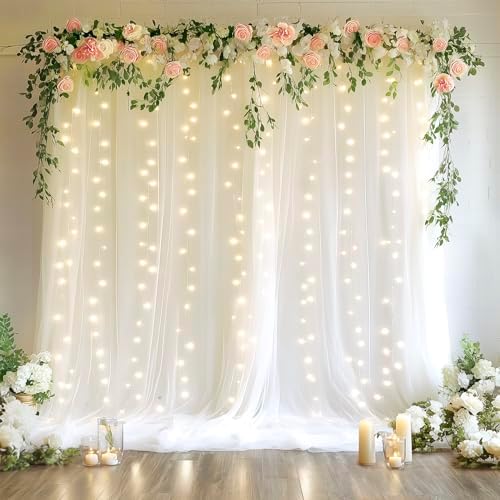 Tulle Backdrop Curtains with Lights 10x8ft Sheer White Curtain in 10x8ft