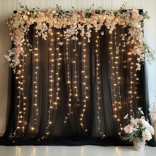 Tulle Backdrop Curtains with Lights Black 10x10ft Sheer Curtain in 10x10ft
