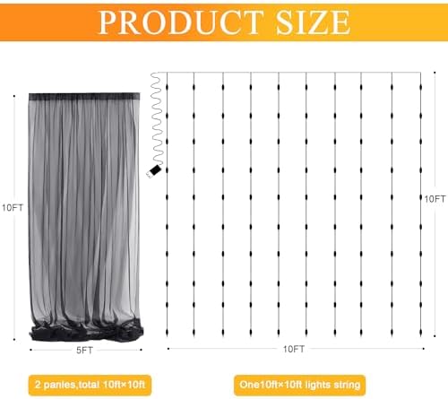 Tulle Backdrop Curtains with Lights Black 10x10ft Sheer Curtain in 10x10ft, alternate view 2