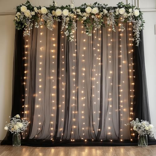 Tulle Backdrop Curtains with Lights Black 10x8ft Sheer Curtain in 10x8ft