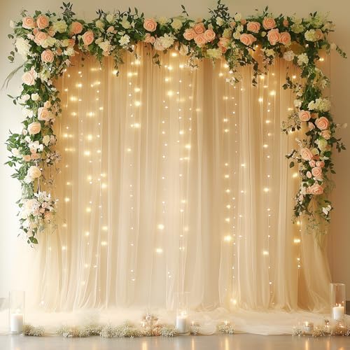 Tulle Backdrop Curtains with Lights Champagne 10x10ft Sheer Curtain in 10x10ft