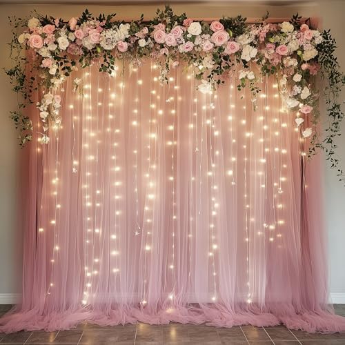 Tulle Backdrop Curtains with Lights Dusty Rose 10x10ft Sheer Curtain in 10x10ft