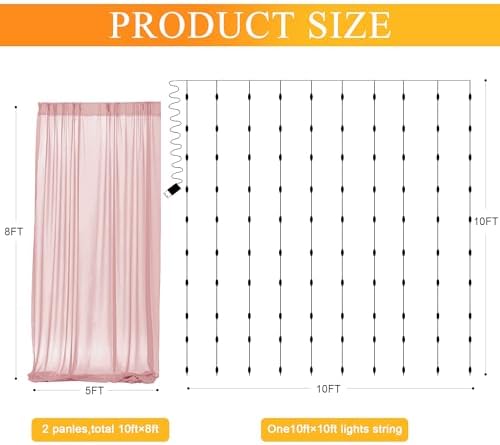 Tulle Backdrop Curtains with Lights Dusty Rose 10x8ft Sheer Curtain in 10x8ft, alternate view 2