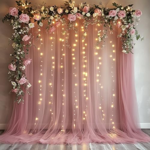 Tulle Backdrop Curtains with Lights Dusty Rose 10x8ft Sheer Curtain in 10x8ft, alternate view 7