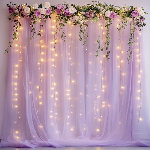 Tulle Backdrop Curtains with Lights Lavender 10x10ft Sheer Curtain Backdrop in 10x10ft