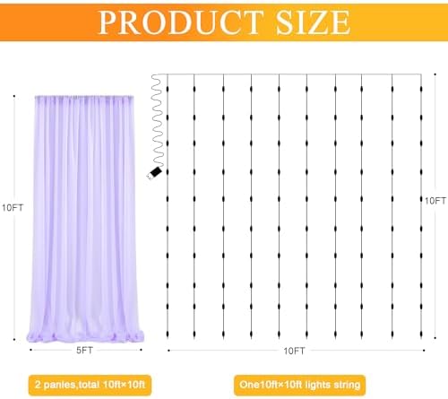 Tulle Backdrop Curtains with Lights Lavender 10x10ft Sheer Curtain Backdrop in 10x10ft, alternate view 2