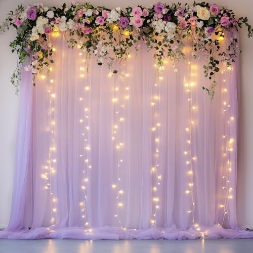 Tulle Backdrop Curtains with Lights Lavender 10x8ft Sheer Curtain in 10x8ft