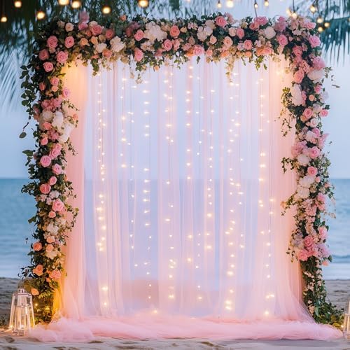 Tulle Backdrop Curtains with Lights Pink 10x10ft Sheer Curtain Backdrop in 10x10ft