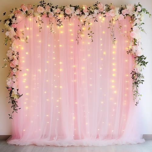 Tulle Backdrop Curtains with Lights Pink 10x10ft Sheer Curtain Backdrop in 10x10ft, alternate view 6