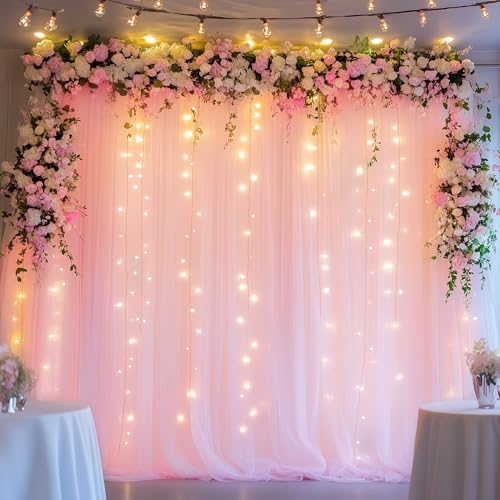 Tulle Backdrop Curtains with Lights Pink 10x10ft Sheer Curtain Backdrop in 10x10ft, alternate view 7