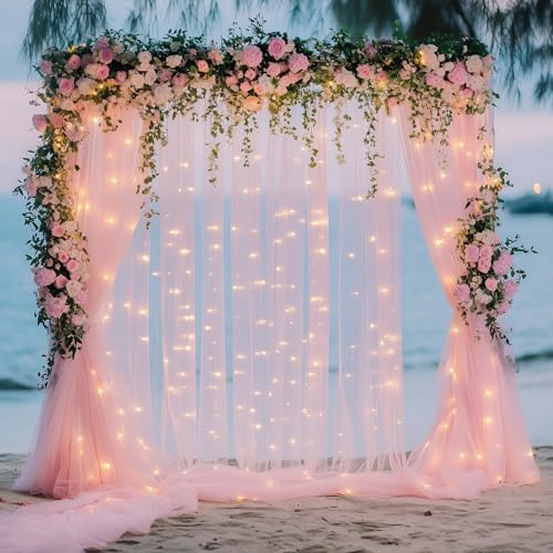 Tulle Backdrop Curtains with Lights Pink 10x8ft Sheer Curtain Backdrop in 10x8ft