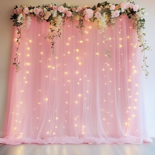 Tulle Backdrop Curtains with Lights Pink 10x8ft Sheer Curtain Backdrop in 10x8ft, alternate view 6