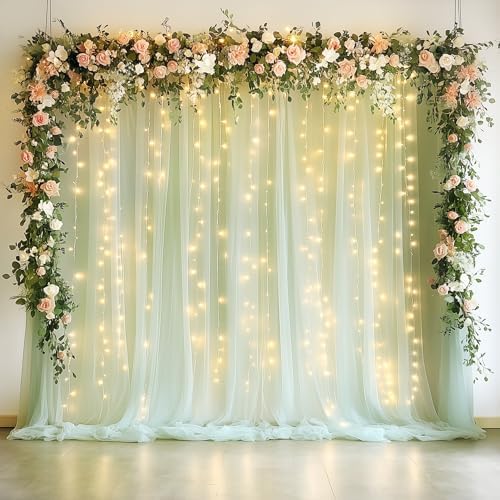 Tulle Backdrop Curtains with Lights Sage Green 10x10ft Sheer Curtain in 10x10ft