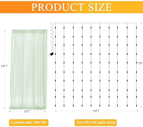 Tulle Backdrop Curtains with Lights Sage Green 10x10ft Sheer Curtain in 10x10ft, alternate view 2