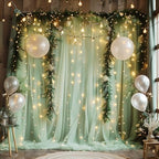 Tulle Backdrop Curtains with Lights Sage Green 10x10ft Sheer Curtain in 10x10ft, alternate view 7