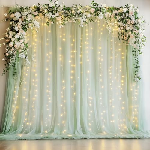 Tulle Backdrop Curtains with Lights Sage Green 10x8ft Sheer Curtain in 10x8ft