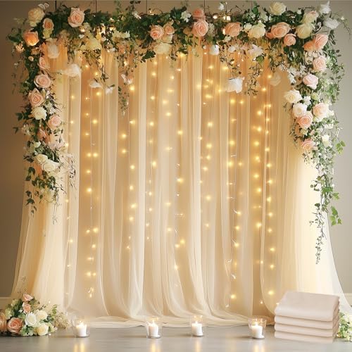 Tulle Backdrop Curtains with Lights Sheer Champagne Curtain Backdrop 20x8ft in 20x8ft