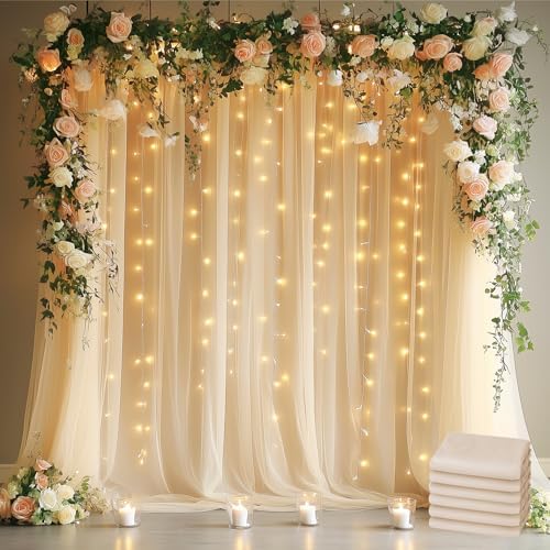 Tulle Backdrop Curtains with Lights Sheer Champagne Curtain Backdrop 30x8ft in 30x8ft