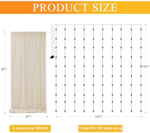 Tulle Backdrop Curtains with Lights Sheer Champagne Curtain Backdrop 30x8ft in 30x8ft, alternate view 2