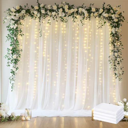 Tulle Backdrop Curtains with Lights Sheer White Curtain Backdrop 20x10ft in 20x10ft