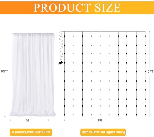 Tulle Backdrop Curtains with Lights Sheer White Curtain Backdrop 30x10ft in 30x10ft, alternate view 2