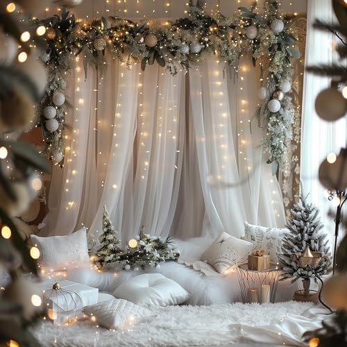 Tulle Backdrop Curtains with Lights Sheer White Curtain Backdrop 30x10ft in 30x10ft, alternate view 7