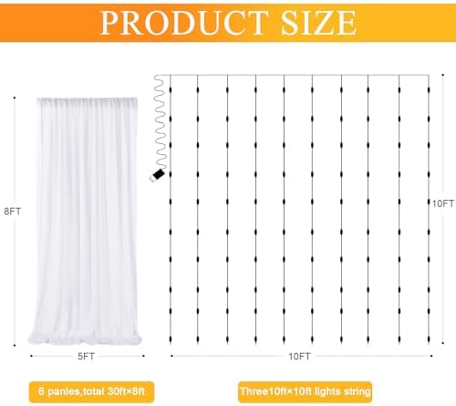 Tulle Backdrop Curtains with Lights Sheer White Curtain Backdrop 30x8ft in 30x8ft, alternate view 2