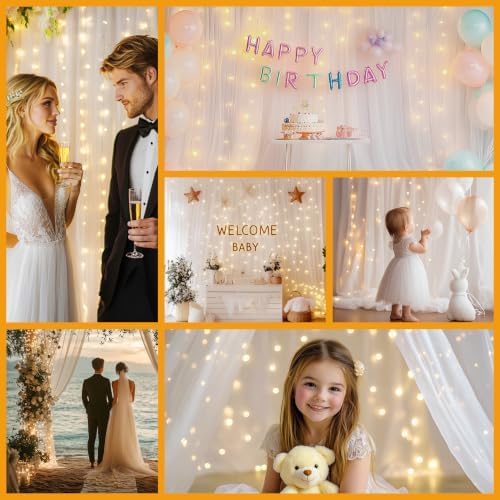 Tulle Curtain Backdrop with 300 LED Fairy Lights for Parites Wrinkle-Free Sheer Curtain Drapes Photo Back Drop, alternate