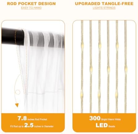 Tulle Curtain Backdrop with 300 LED Fairy Lights for Parites Wrinkle-Free Sheer Curtain Drapes Photo Back Drop, alternate