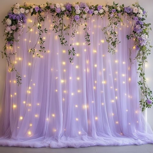 Tulle Curtain Backdrop with 300 LED Fairy Lights for Parites Wrinkle-Free Sheer Curtain Drapes Photo Back Drop