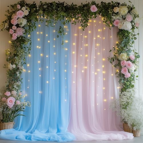 Tulle Curtain Backdrop with 300 LED Fairy Lights for Parites Wrinkle-Free Sheer Curtain Drapes Photo Back Drop