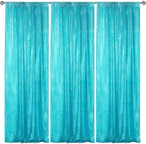 Turquoise Sequin Backdrop Curtain 3 Panels 2FTx8FT Glitter Turquoise Background Drapes Sparkle Photography