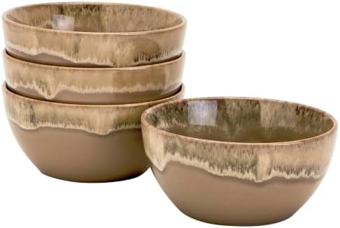 Tuscan Collection Reactive Glaze 4 Piece Stoneware Cereal Bowl Set Dining Kitchen Tableware Service for 4, Brown
