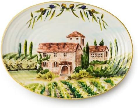 Tuscany Oval Platter - 16” Stoneware Serving Dish Featuring Scenic Italian Countryside with Villas, Vineyards &