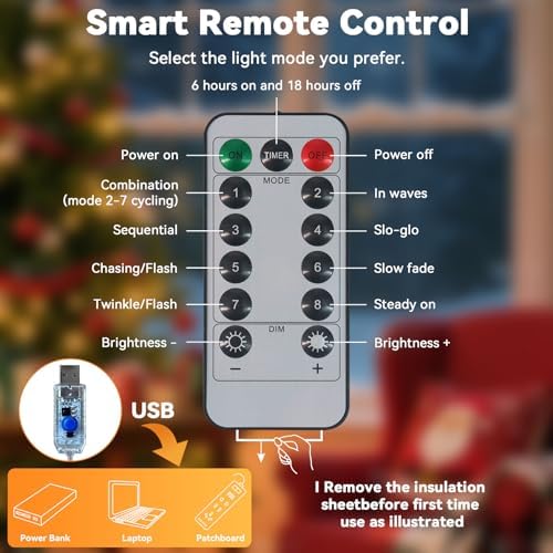 Twinkle Fairy Lights 8 Modes with Remote and Timer 33ft 100LED USB Plug in String Lights Waterproof String, alternate view 5