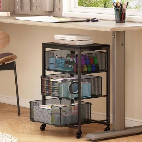 Under Desk Storage Cart with Lockable Wheels, 3-Drawer Rolling Storage Cart, Metal Utility Cart with Drawers for