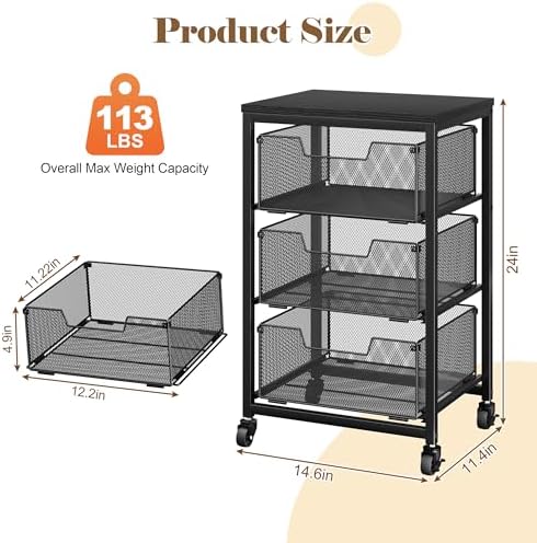 Under Desk Storage Cart with Lockable Wheels, 3-Drawer Rolling Storage Cart, Metal Utility Cart with Drawers for, alternate