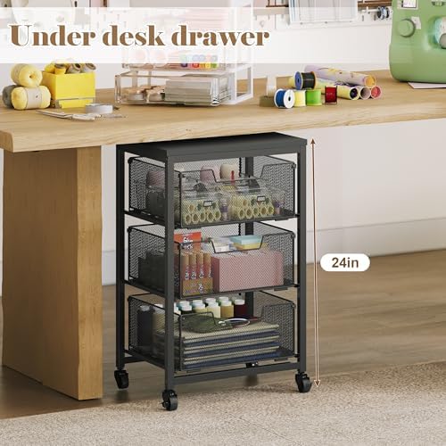 Under Desk Storage Cart with Lockable Wheels, 3-Drawer Rolling Storage Cart, Metal Utility Cart with Drawers for, alternate