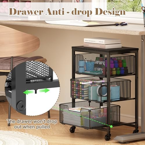 Under Desk Storage Cart with Lockable Wheels, 3-Drawer Rolling Storage Cart, Metal Utility Cart with Drawers for, alternate